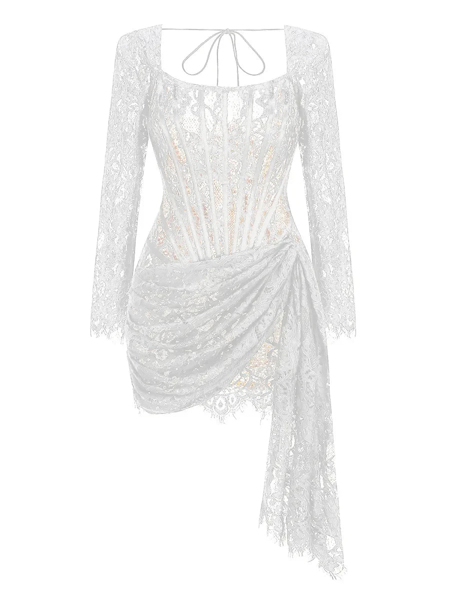 Midnight Bloom – Sheer Lace Strapless Evening Dress