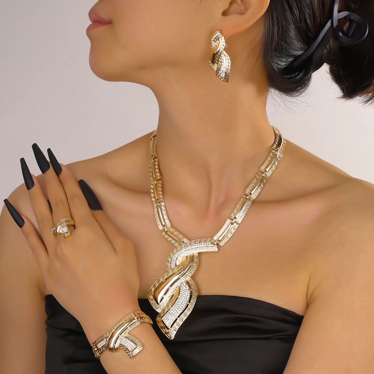 Golden Aura – Gold Color Drop Earrings, Necklace & Bracelet Set