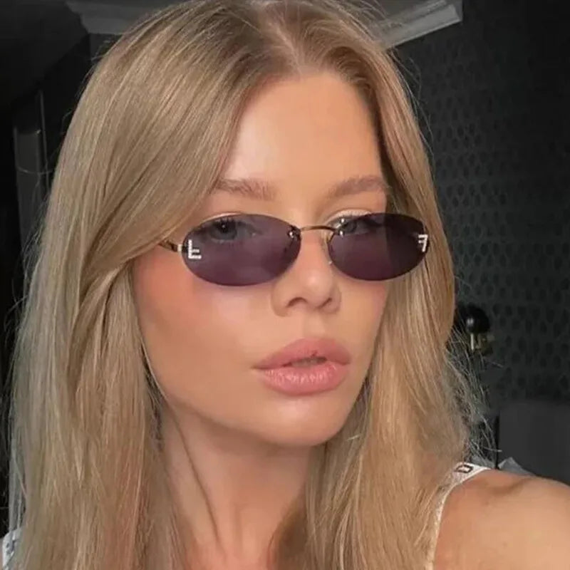Diamond "F" Rimless Oval Sunglasses – Luxury Unisex Small Frame Shades | Livia & Co