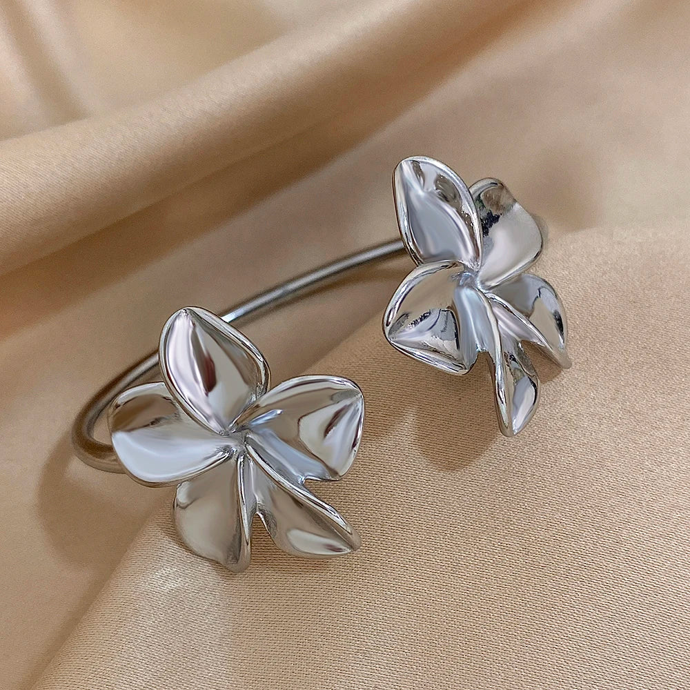 Bloom in Grace – Stainless Steel Double Flower Cuff Bracelet