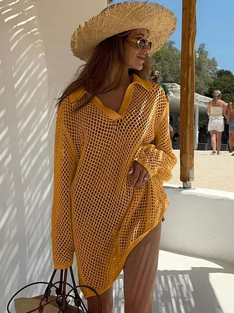 Golden Dune – Boho Hollow-Out Knit Midi Beach Dress