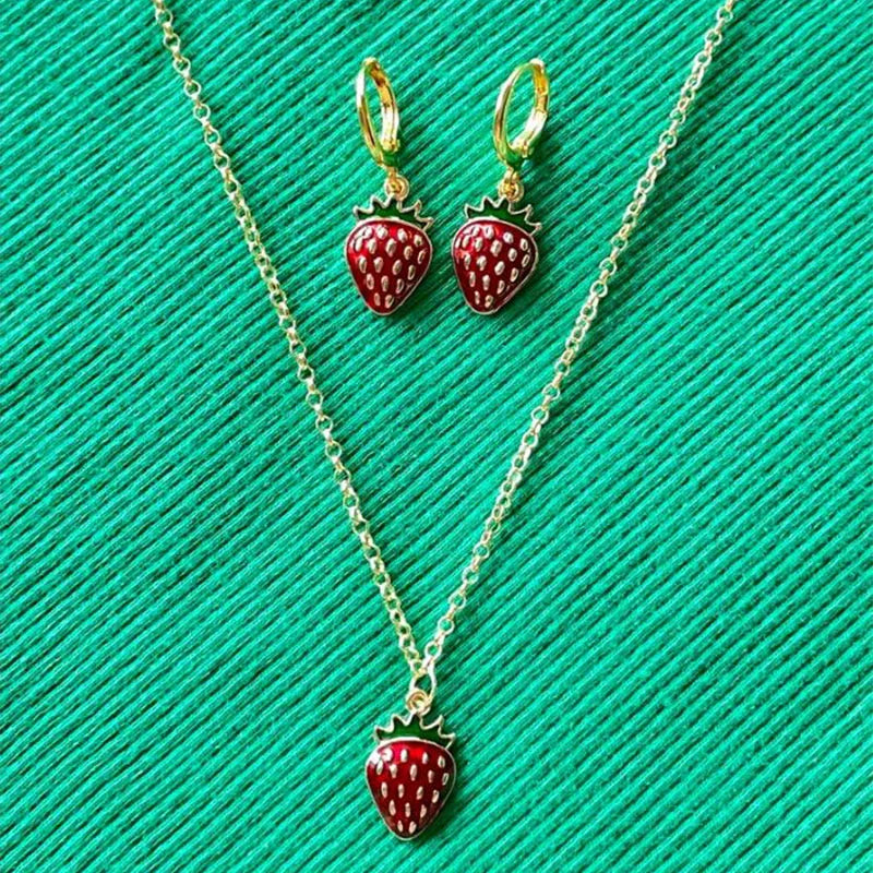 Sweetberry Delight: Strawberry Necklace & Earrings Set - Y2K Indie Jewelry