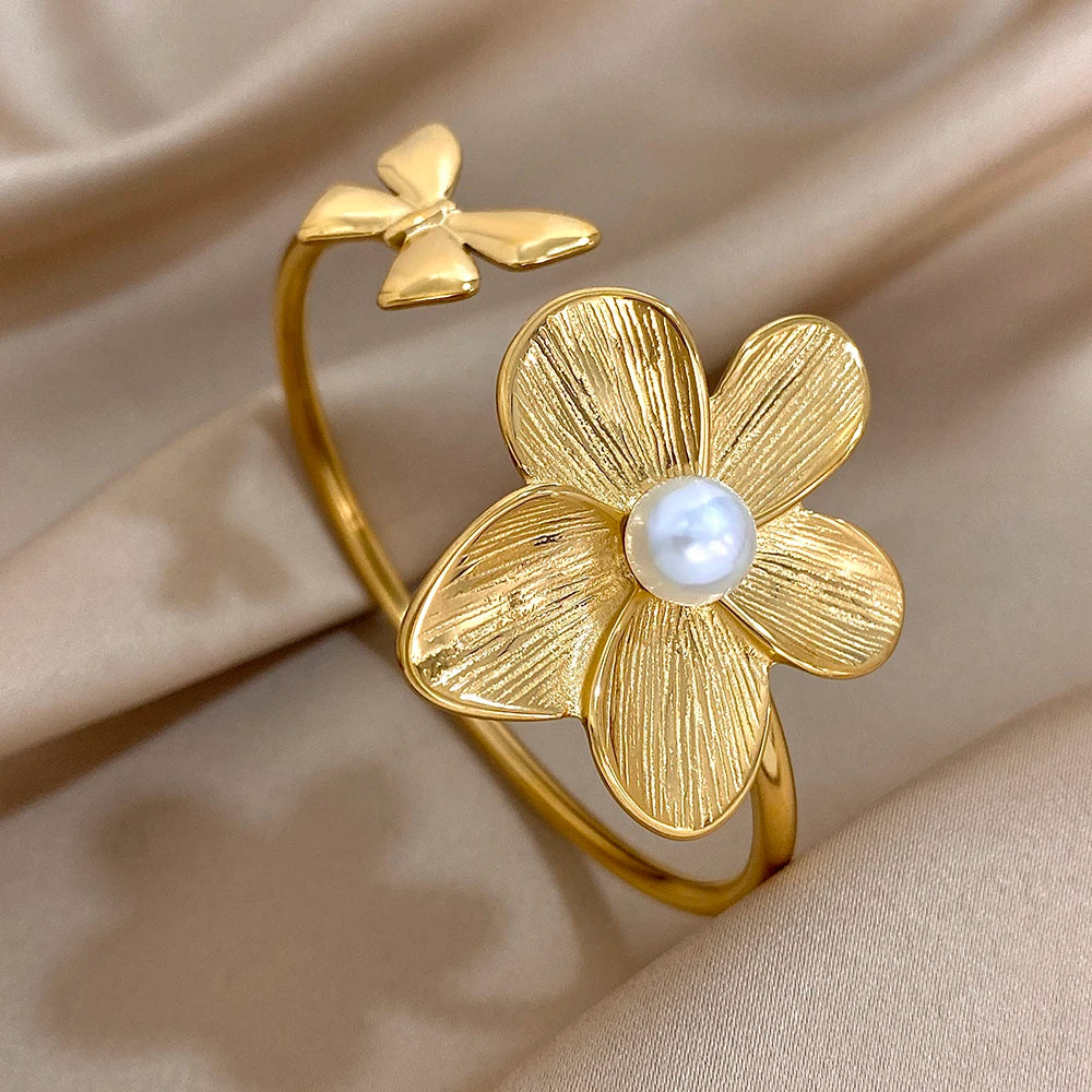 Bloom in Grace – Stainless Steel Double Flower Cuff Bracelet
