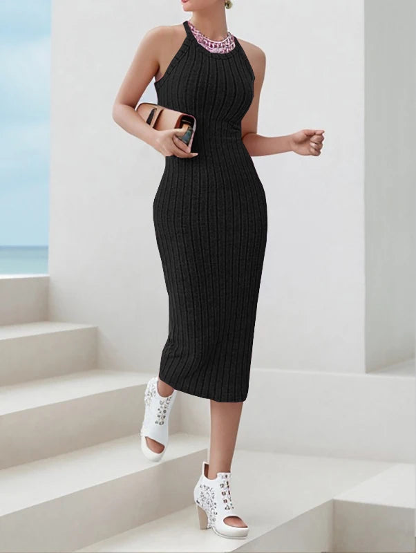 Chic Contour – Solid Halter Neck Bodycon Ribbed Knit Tank Dress for Women