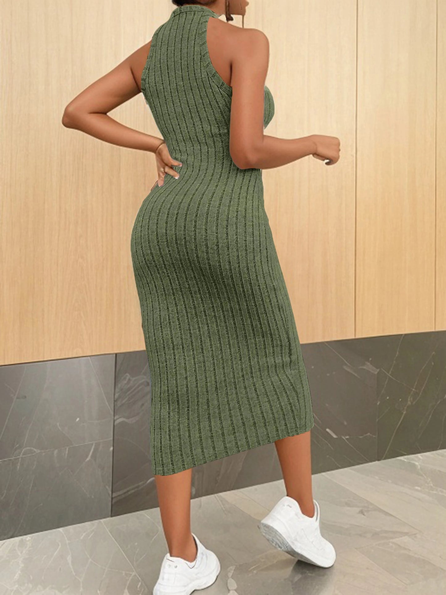 Chic Contour – Solid Halter Neck Bodycon Ribbed Knit Tank Dress for Women