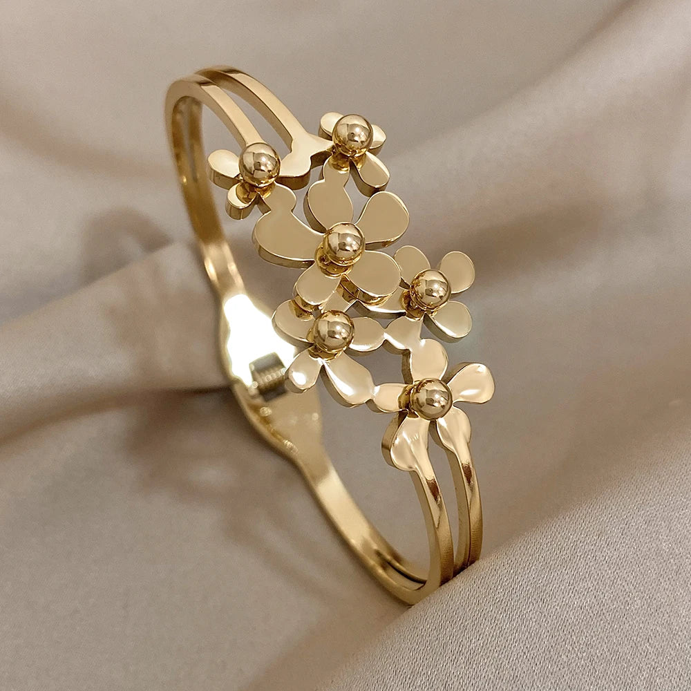 Bloom in Grace – Stainless Steel Double Flower Cuff Bracelet