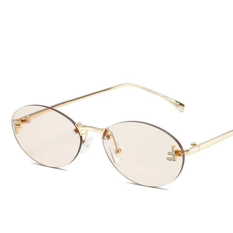 Diamond "F" Rimless Oval Sunglasses – Luxury Unisex Small Frame Shades | Livia & Co