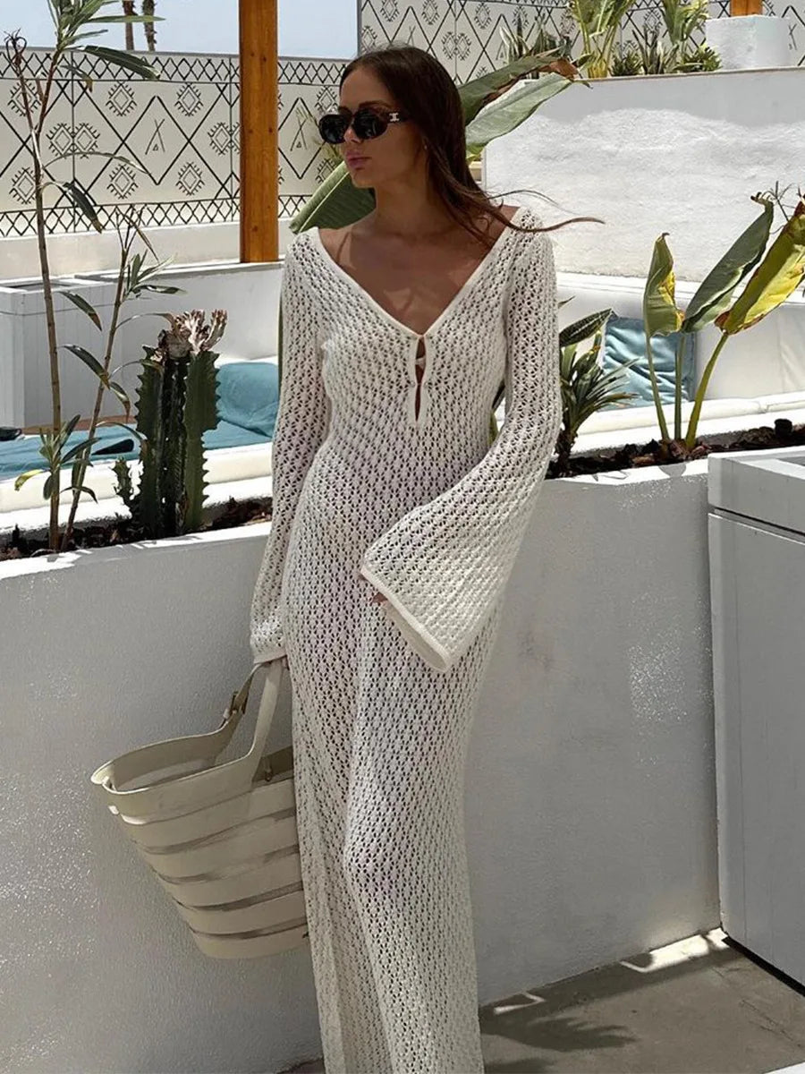 Moonlit Mirage – Sheer Knit Backless Beach Cover-Up