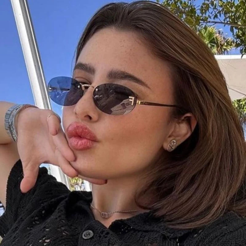 Diamond "F" Rimless Oval Sunglasses – Luxury Unisex Small Frame Shades | Livia & Co