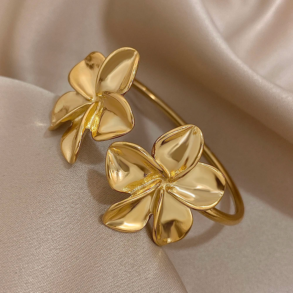 Bloom in Grace – Stainless Steel Double Flower Cuff Bracelet