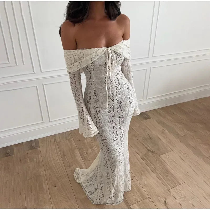 "Midnight Elegance" Lace-Up Backless Off-Shoulder Long Dress
