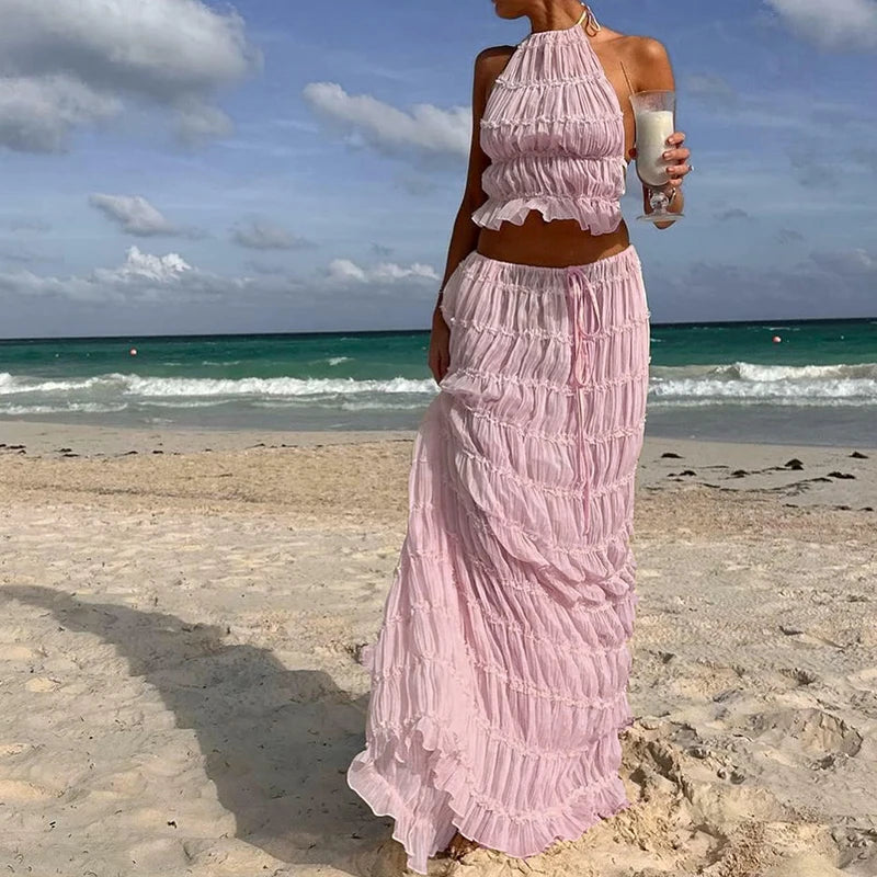 Sundazed Muse – Boho Backless Halter Top & Maxi Skirt Set