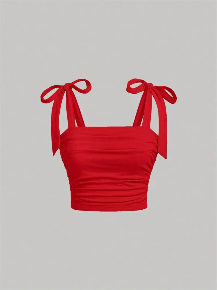 Solid Tie Shoulder Ruched Crop Top: A Y2K Summer Dream