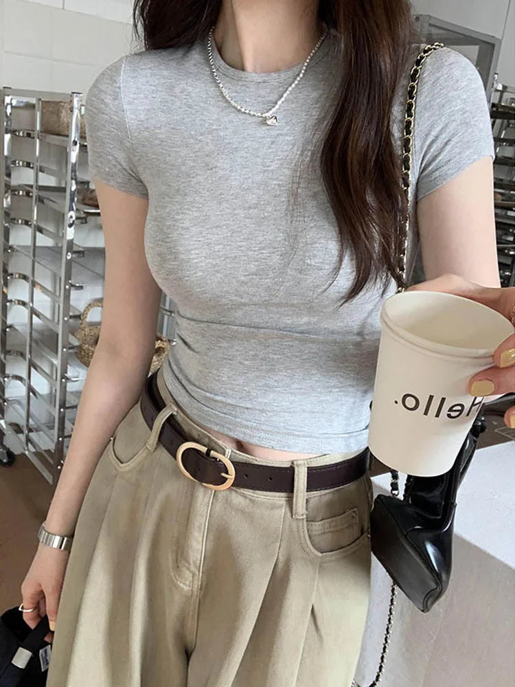 Basic Solid Crop Top Short Sleeve Crewneck Skinny T-shirt: A Whisper of Summer Elegance