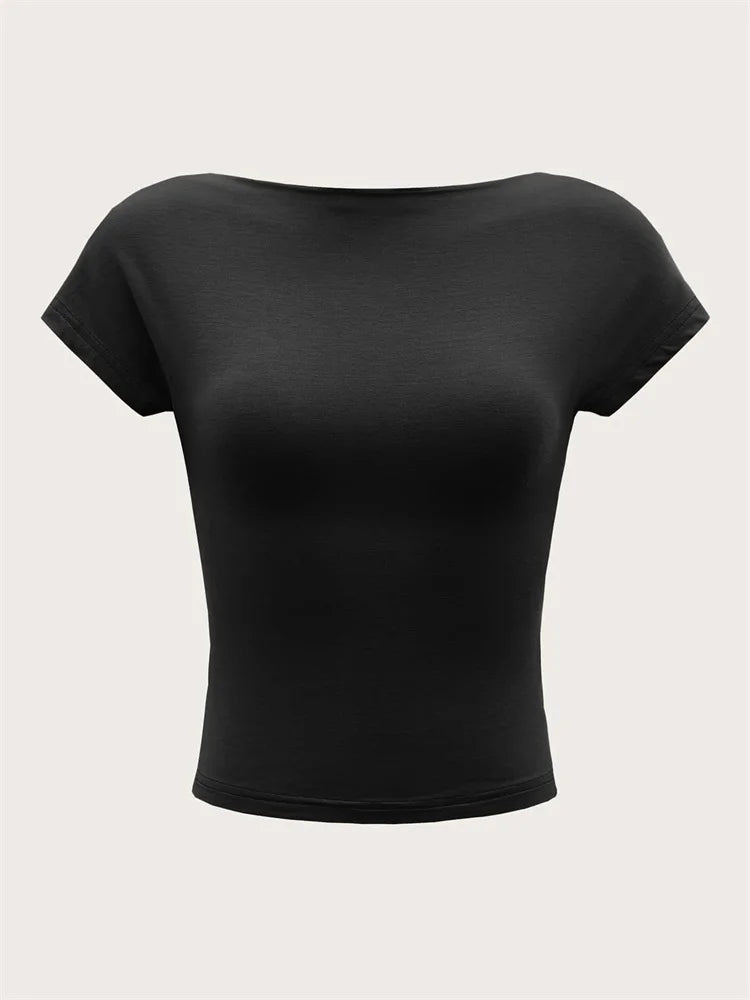 Women’s O-neck Backless T-shirt: A Symphony of Youthful Grace