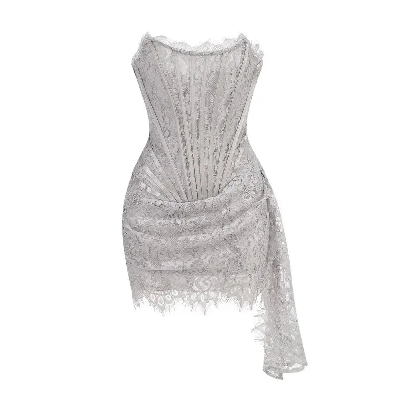 Midnight Bloom – Sheer Lace Strapless Evening Dress