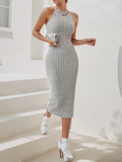 Chic Contour – Solid Halter Neck Bodycon Ribbed Knit Tank Dress for Women