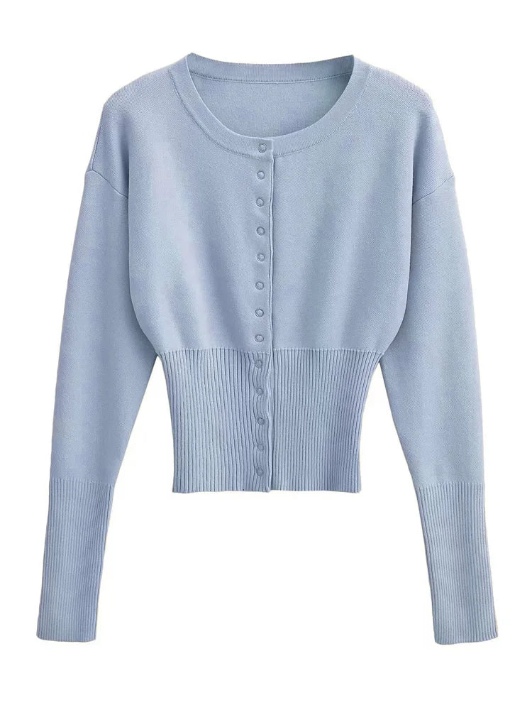 Whispers of Autumn – Ribbed Patchwork Cropped Knit Cardigan