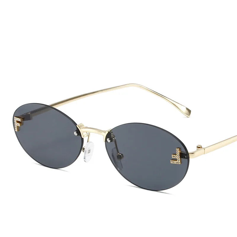 Diamond "F" Rimless Oval Sunglasses – Luxury Unisex Small Frame Shades | Livia & Co