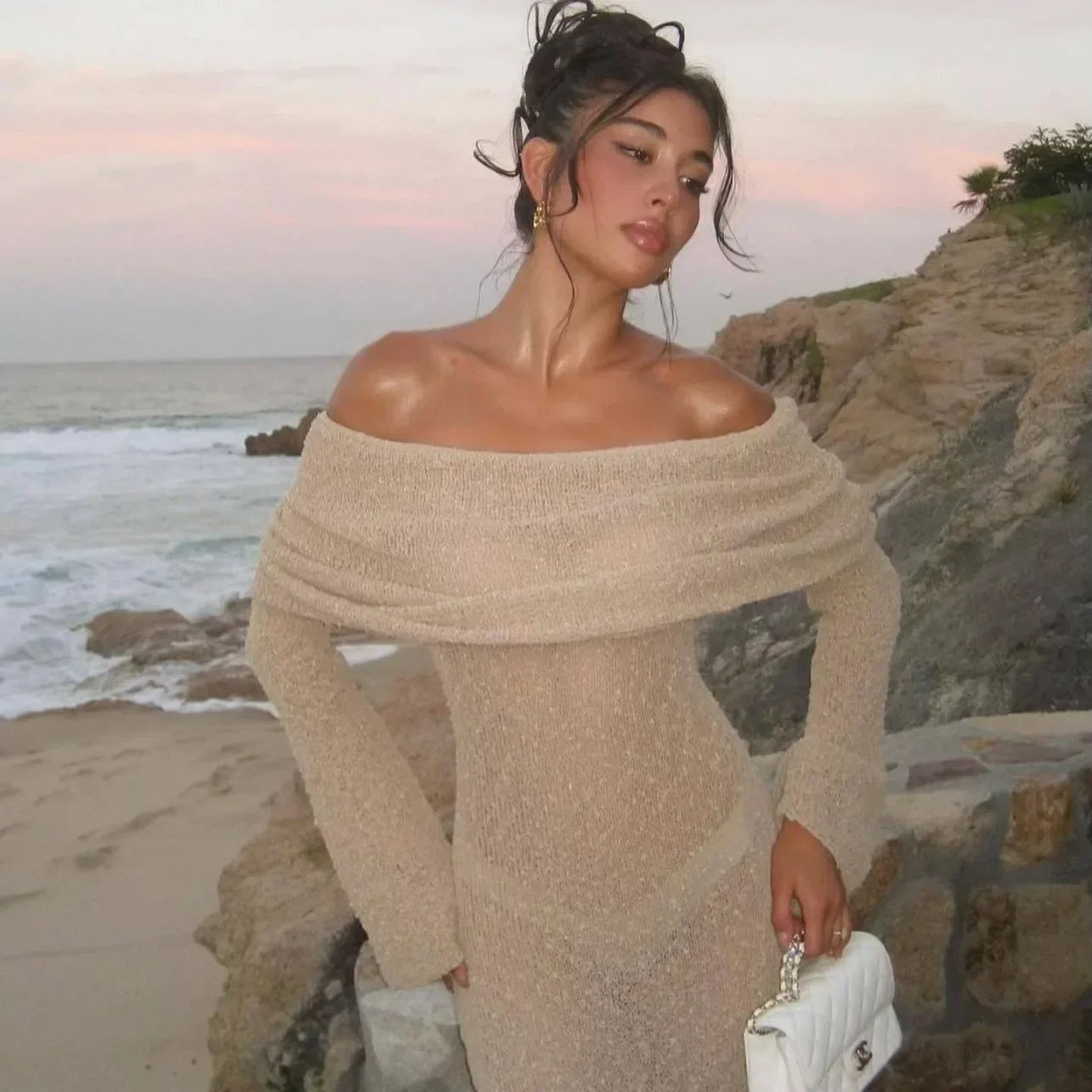 Starlit Reverie – Elegant Hollow-Out Off-Shoulder Knit Dress
