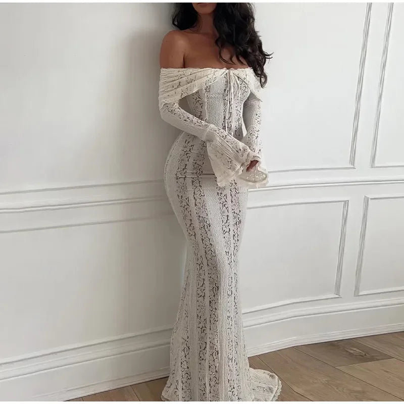 "Midnight Elegance" Lace-Up Backless Off-Shoulder Long Dress