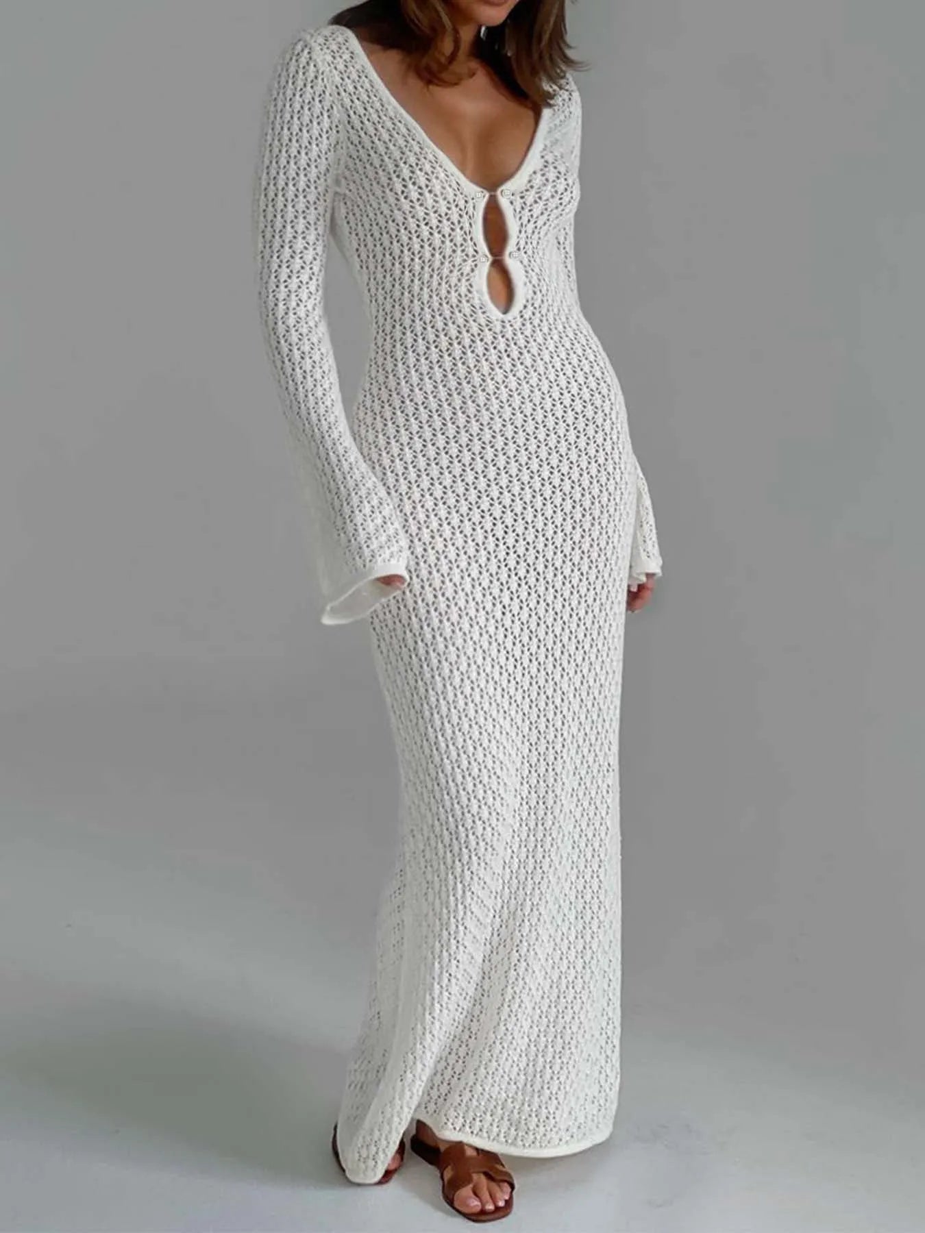 Moonlit Mirage – Sheer Knit Backless Beach Cover-Up