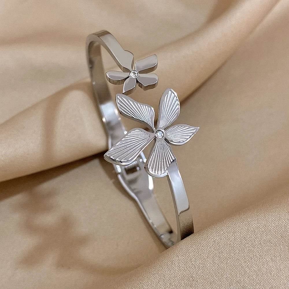 Bloom in Grace – Stainless Steel Double Flower Cuff Bracelet