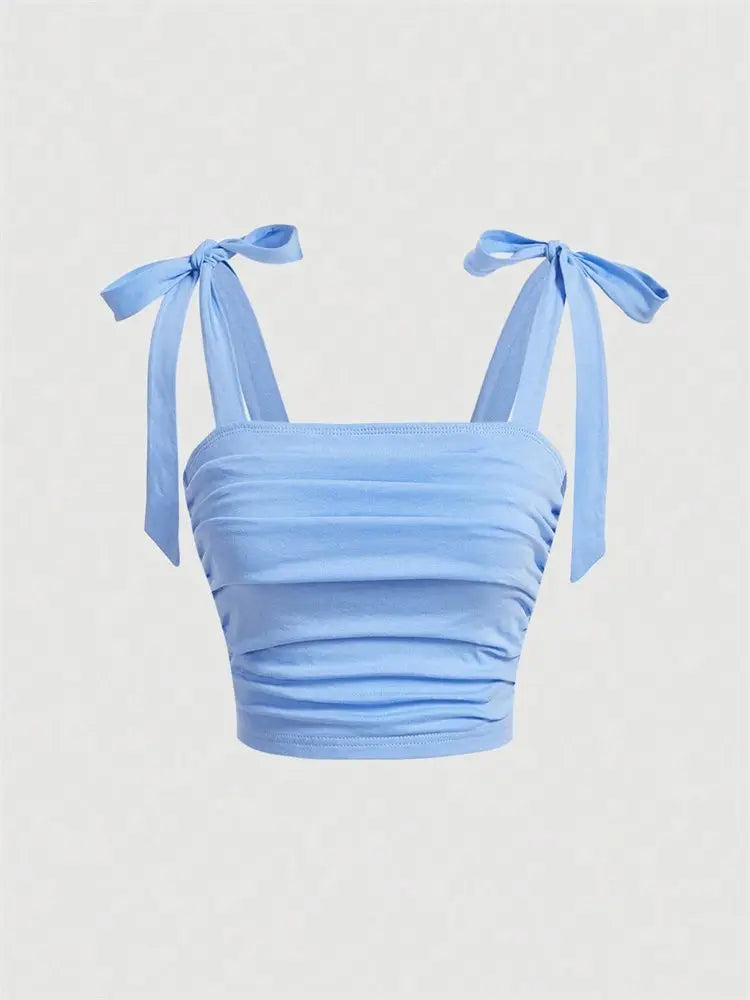 Solid Tie Shoulder Ruched Crop Top: A Y2K Summer Dream