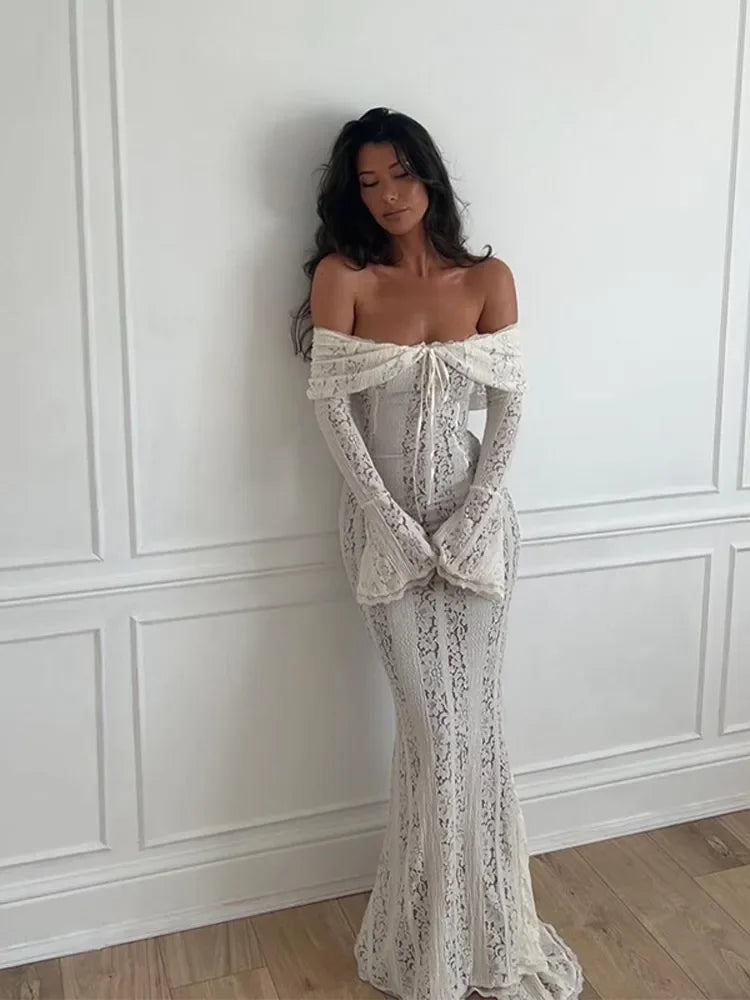 "Midnight Elegance" Lace-Up Backless Off-Shoulder Long Dress