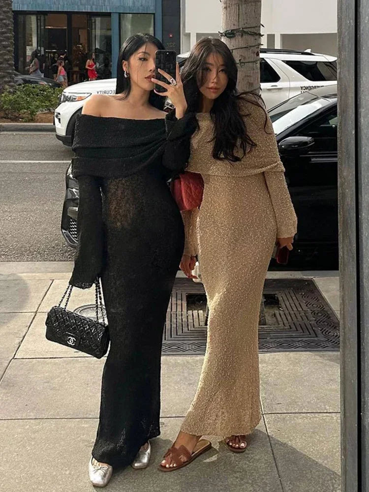 Starlit Reverie – Elegant Hollow-Out Off-Shoulder Knit Dress