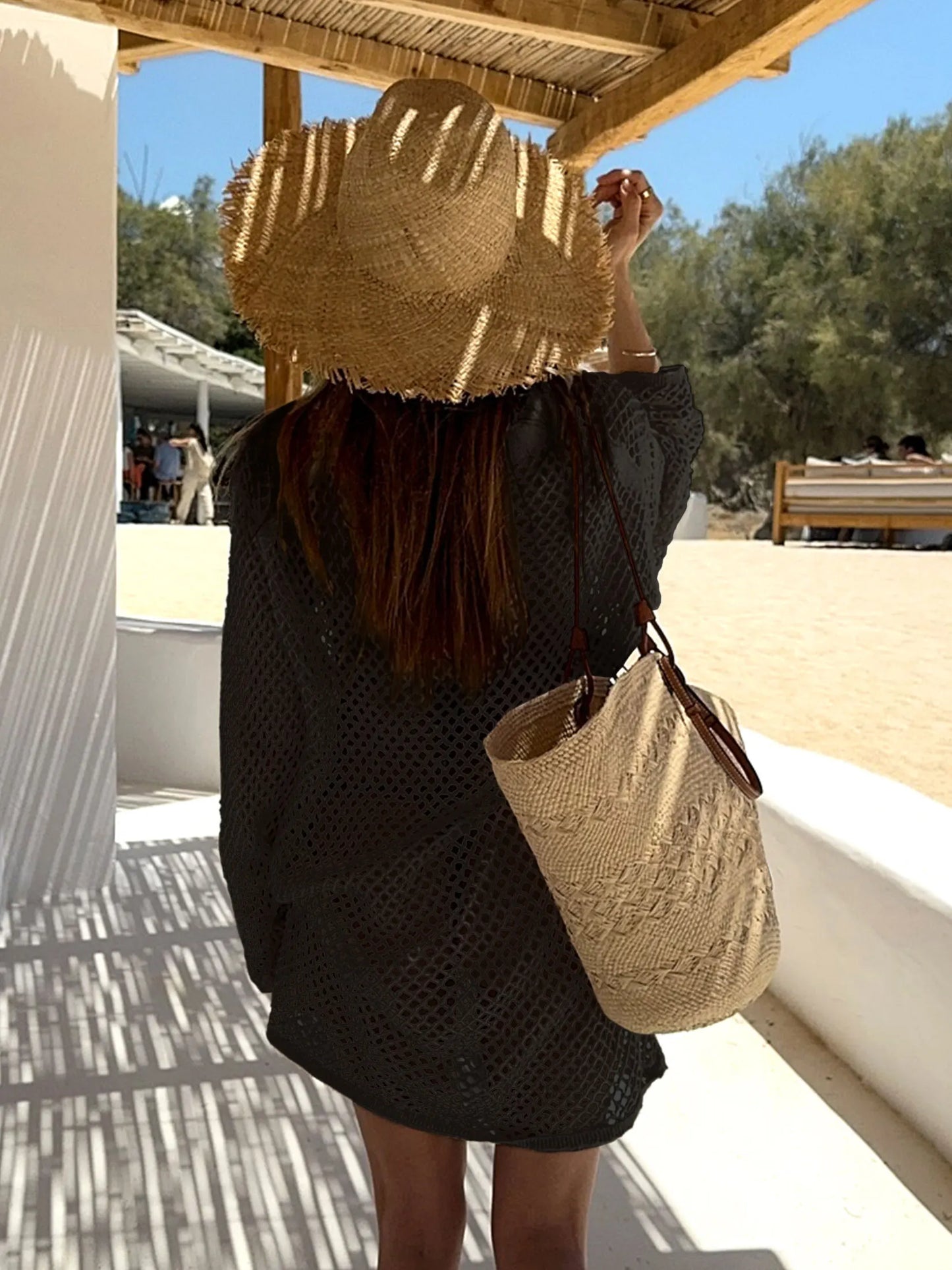 Golden Dune – Boho Hollow-Out Knit Midi Beach Dress
