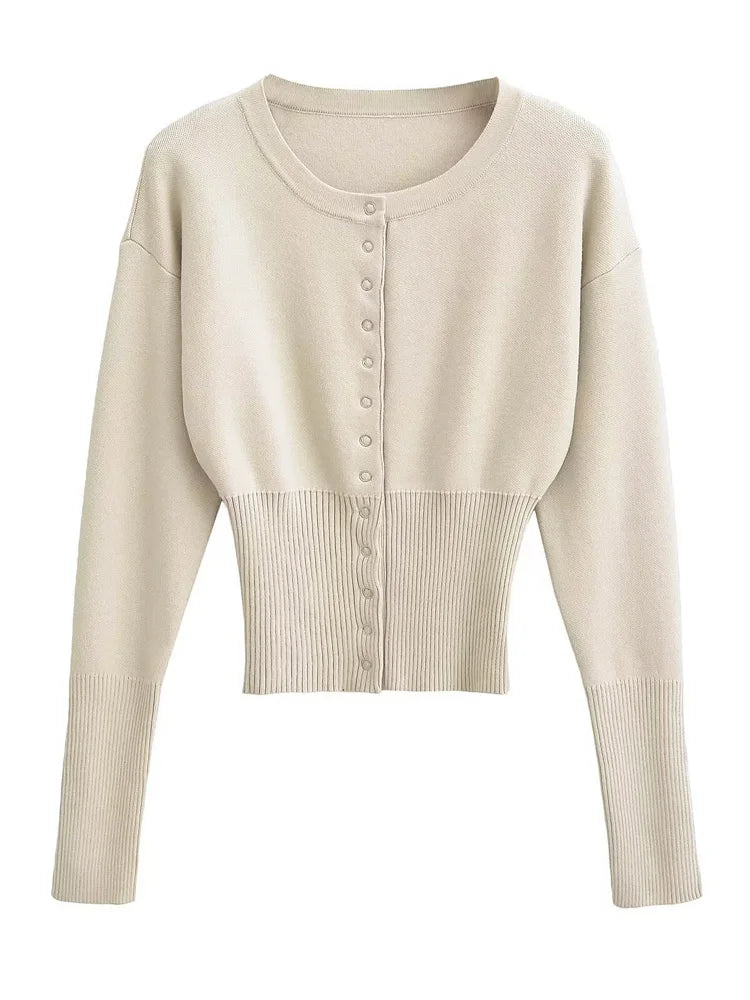 Whispers of Autumn – Ribbed Patchwork Cropped Knit Cardigan