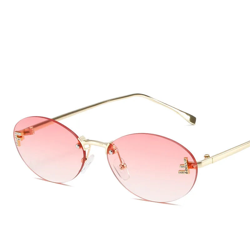 Diamond "F" Rimless Oval Sunglasses – Luxury Unisex Small Frame Shades | Livia & Co