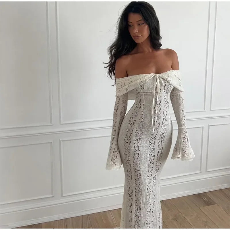 "Midnight Elegance" Lace-Up Backless Off-Shoulder Long Dress