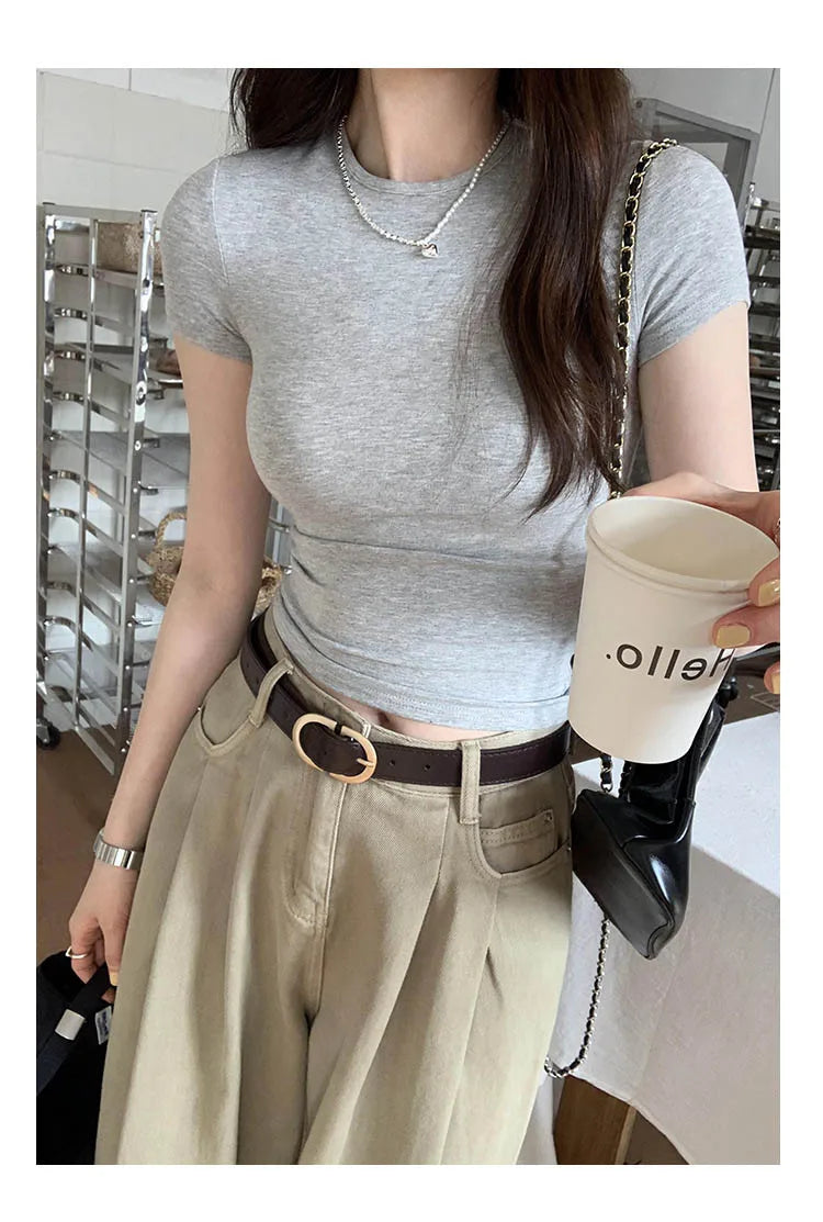 Basic Solid Crop Top Short Sleeve Crewneck Skinny T-shirt: A Whisper of Summer Elegance
