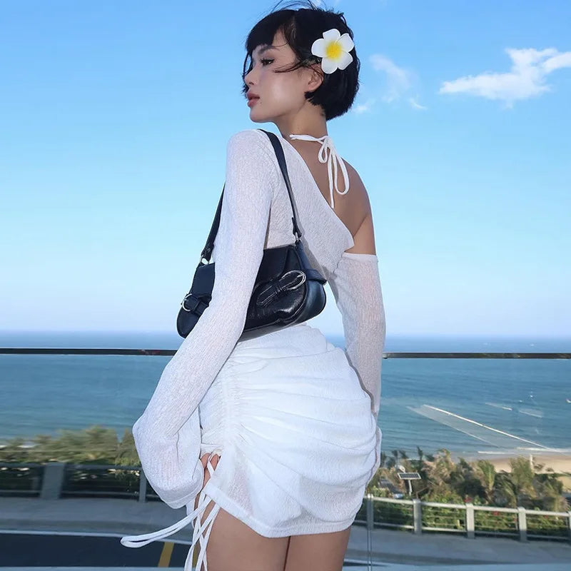 Midnight Siren – Sheer Lace-Up Ruched Off-Shoulder Mini Dress