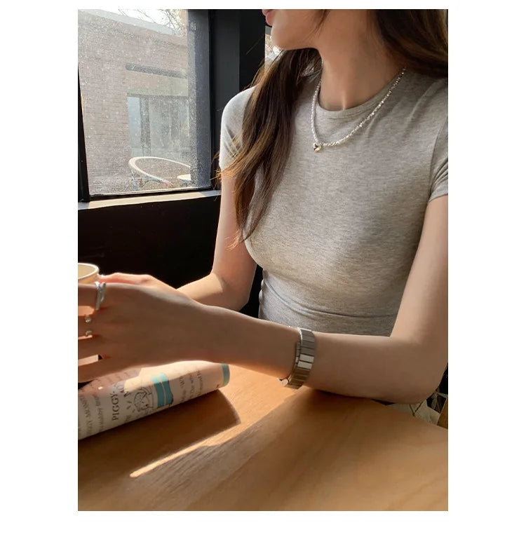 Basic Solid Crop Top Short Sleeve Crewneck Skinny T-shirt: A Whisper of Summer Elegance