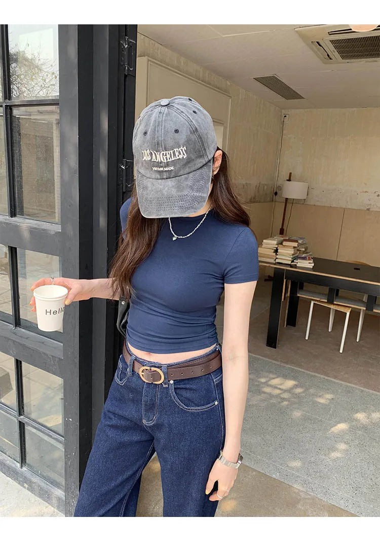 Basic Solid Crop Top Short Sleeve Crewneck Skinny T-shirt: A Whisper of Summer Elegance