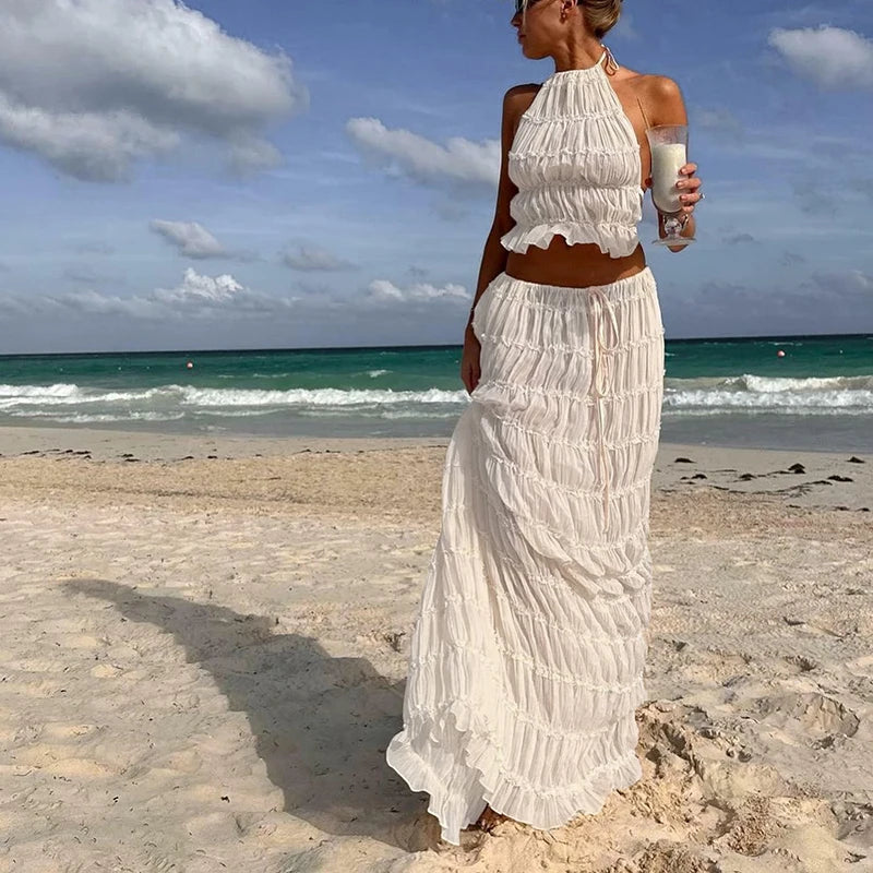 Sundazed Muse – Boho Backless Halter Top & Maxi Skirt Set