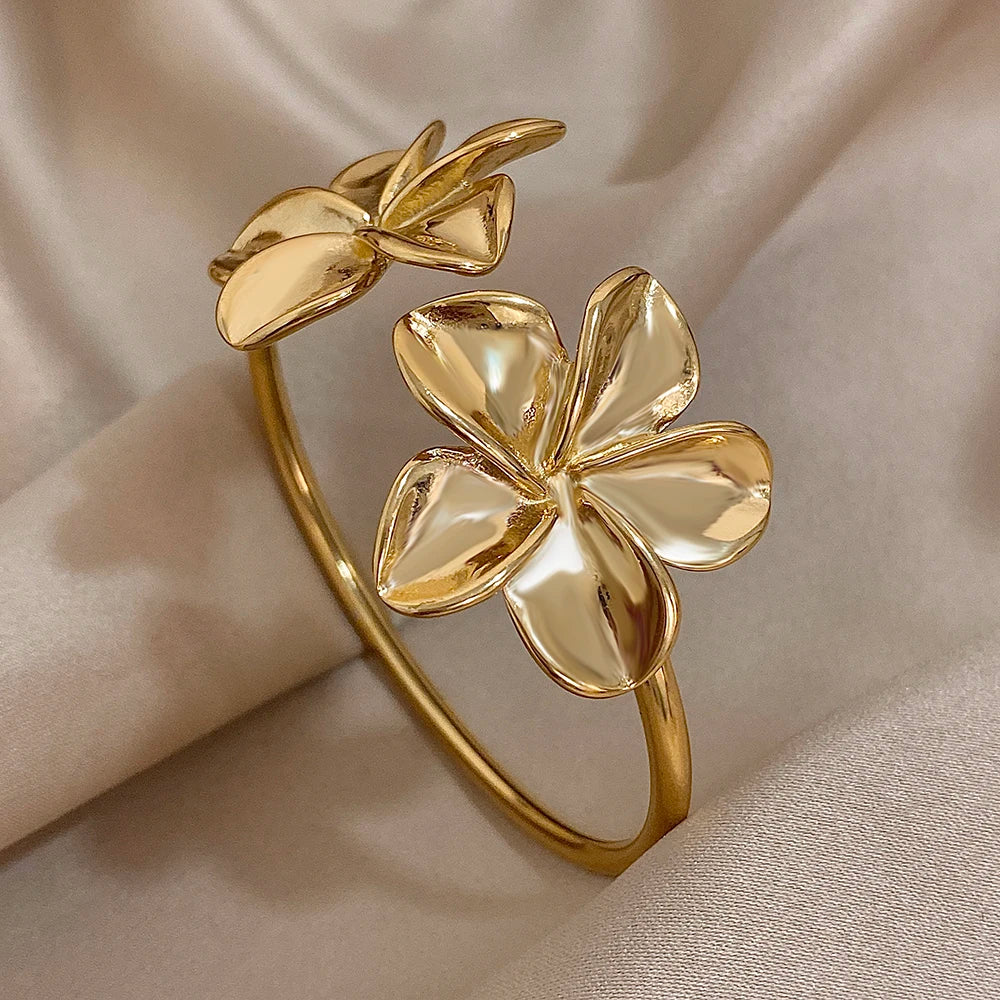 Bloom in Grace – Stainless Steel Double Flower Cuff Bracelet
