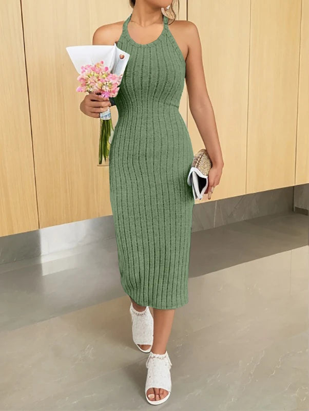 Chic Contour – Solid Halter Neck Bodycon Ribbed Knit Tank Dress for Women