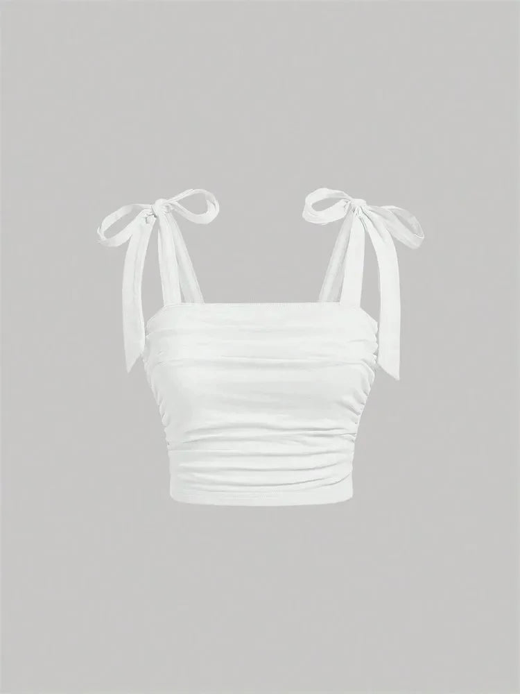 Solid Tie Shoulder Ruched Crop Top: A Y2K Summer Dream