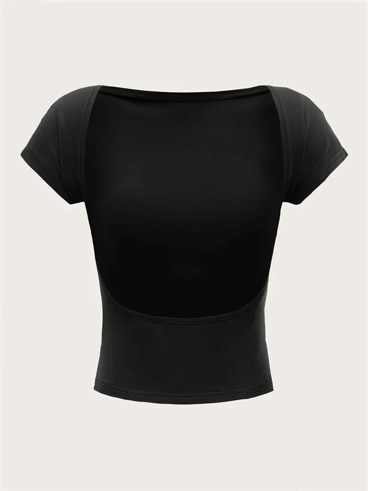 Women’s O-neck Backless T-shirt: A Symphony of Youthful Grace