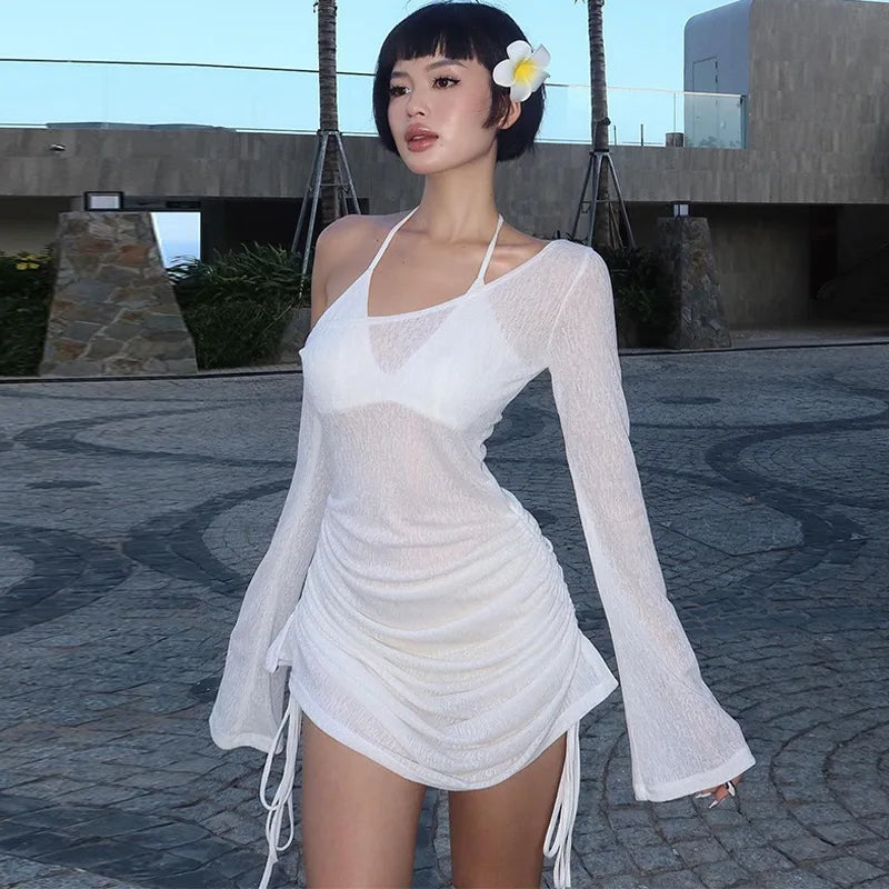 Midnight Siren – Sheer Lace-Up Ruched Off-Shoulder Mini Dress