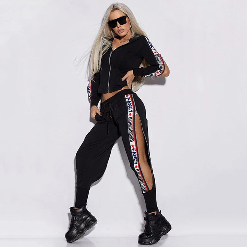 Oshoplive Split-Side Hooded Jacket & Pants Set – Casual Letter Print 2-Piece Gym Suit