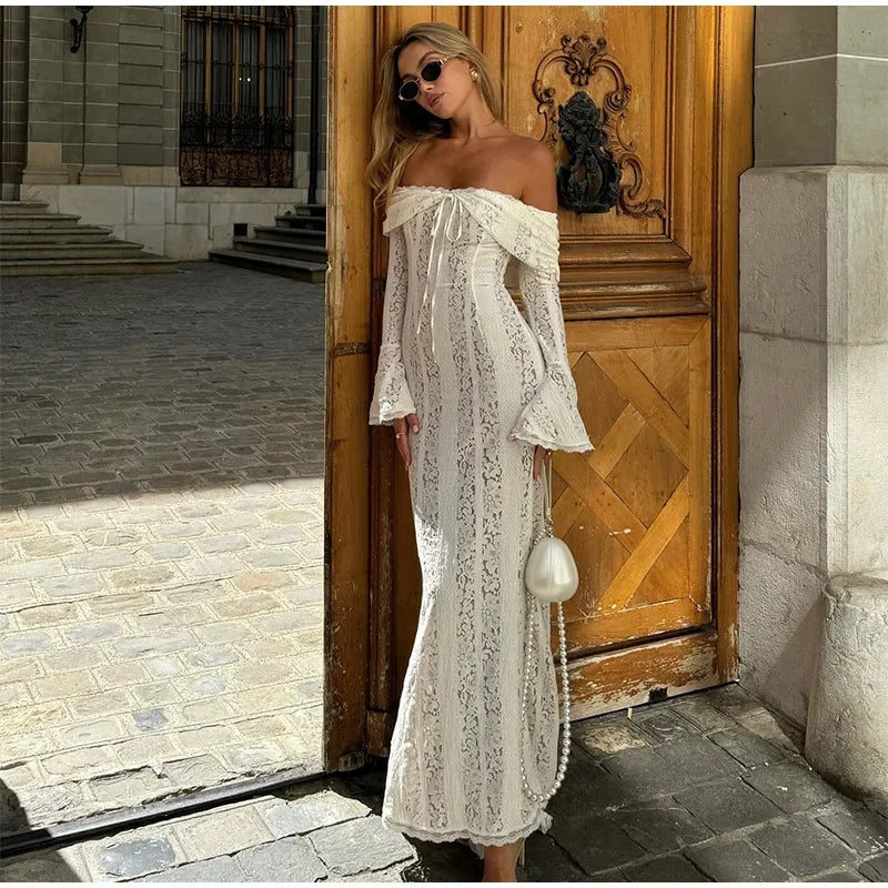 "Midnight Elegance" Lace-Up Backless Off-Shoulder Long Dress