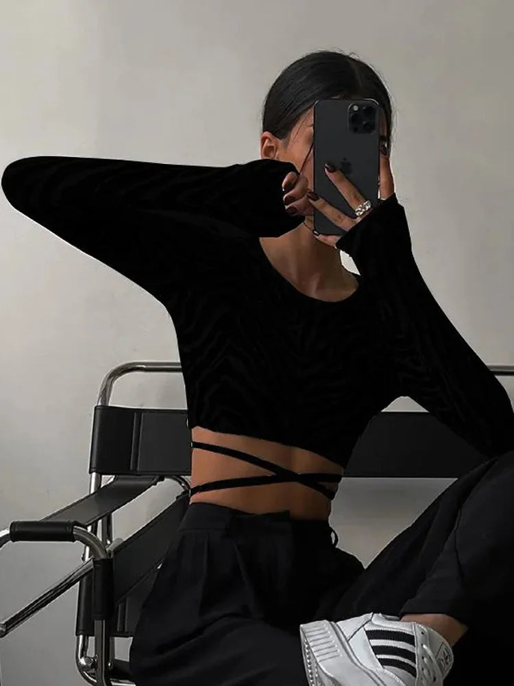 Backless Lace-Up Long Sleeve Top