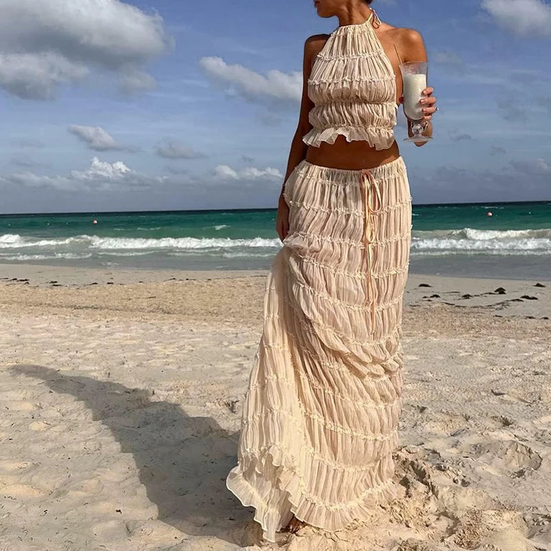 Sundazed Muse – Boho Backless Halter Top & Maxi Skirt Set
