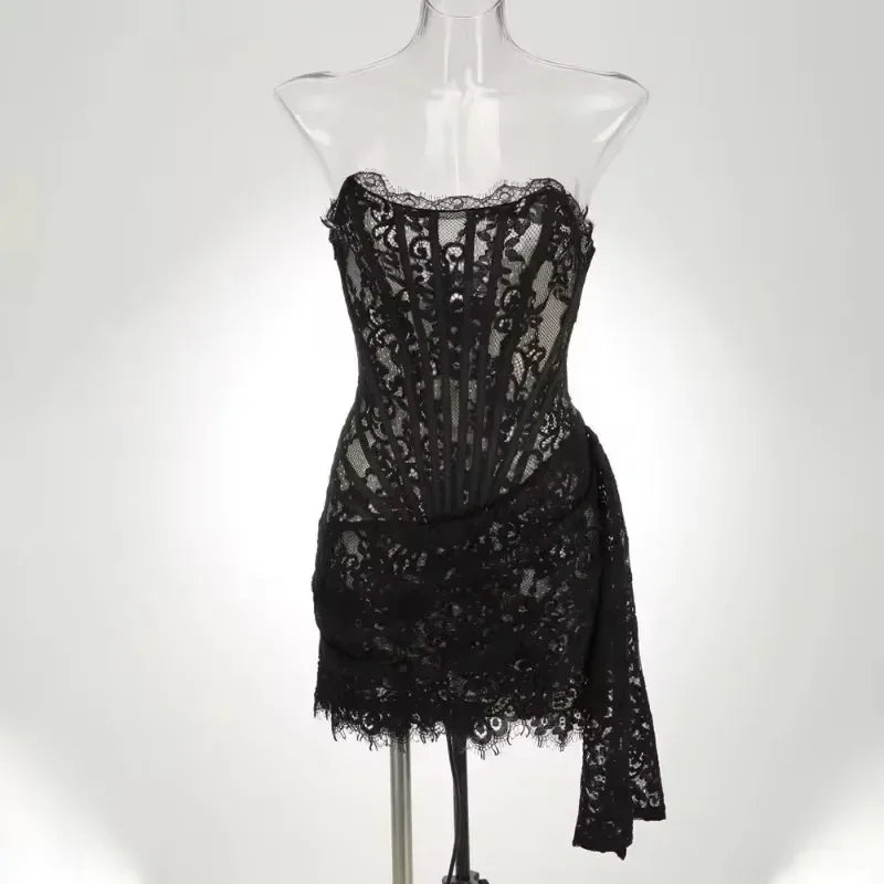 Midnight Bloom – Sheer Lace Strapless Evening Dress