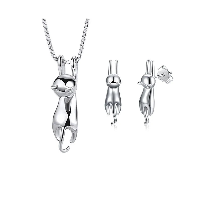 Cat's Charm – 925 Silver Cat Earrings & Necklace Set